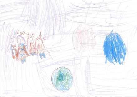children's drawing planet earth and family in space